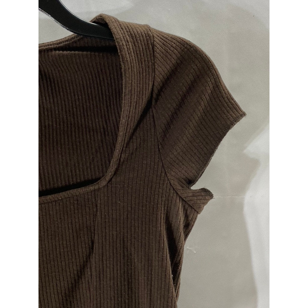 URBAN OUTFITTERS Women’s Brown Ribbed Straight-Neck Short Sleeve Cropped Top SZM