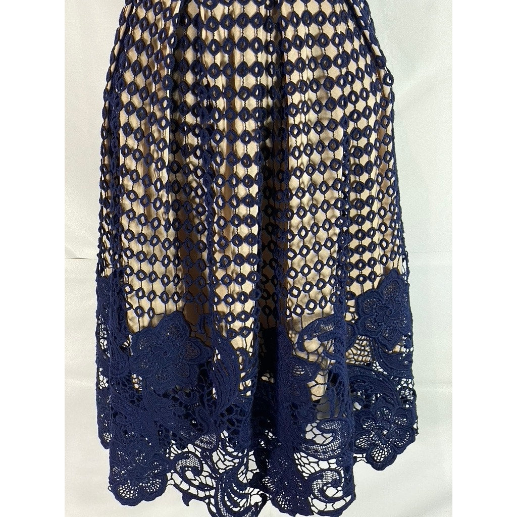 AQUA Women's Navy/Nude Eyelet Lace-Trim Sleeveless A-Line Mini Dress SZ S