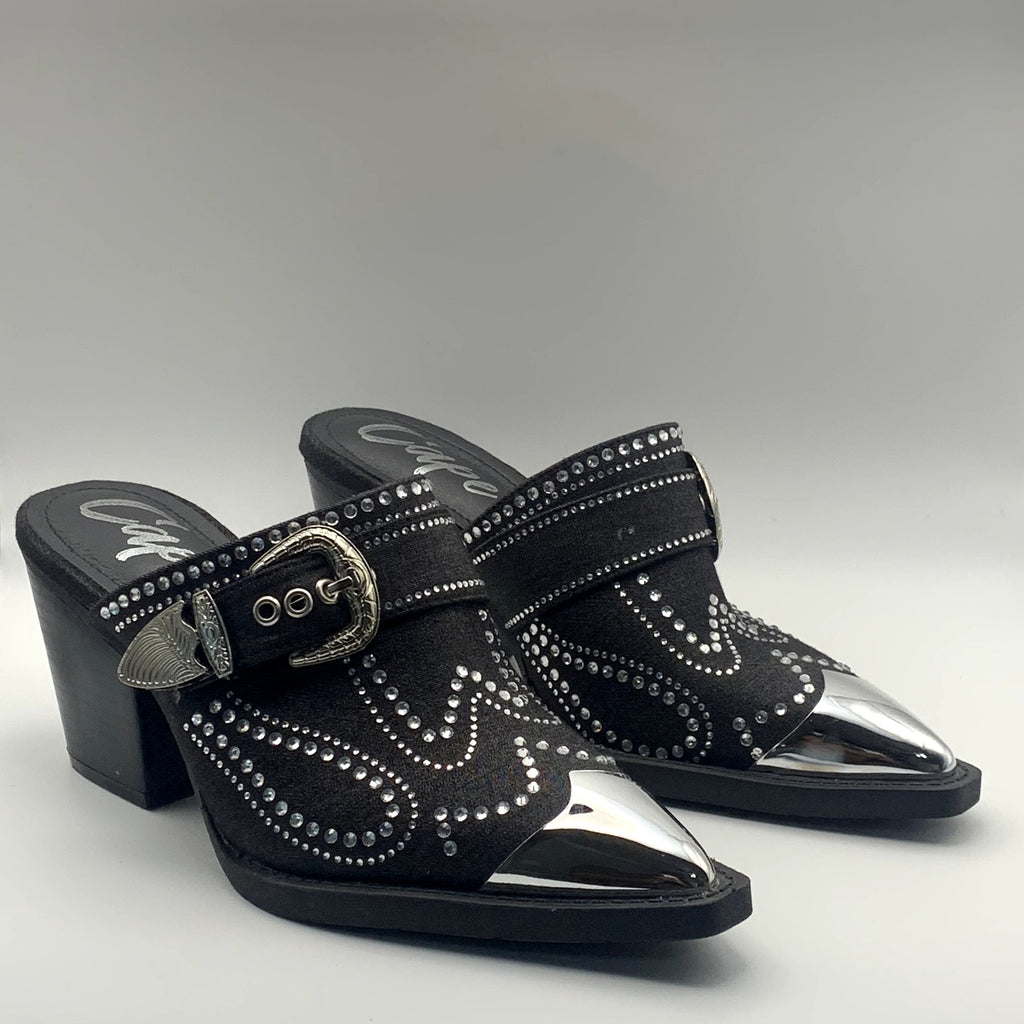 CAPE ROBBIN Women's Black Viv Rhinestone Denim Buckle Pointed-Toe Heels SZ 8