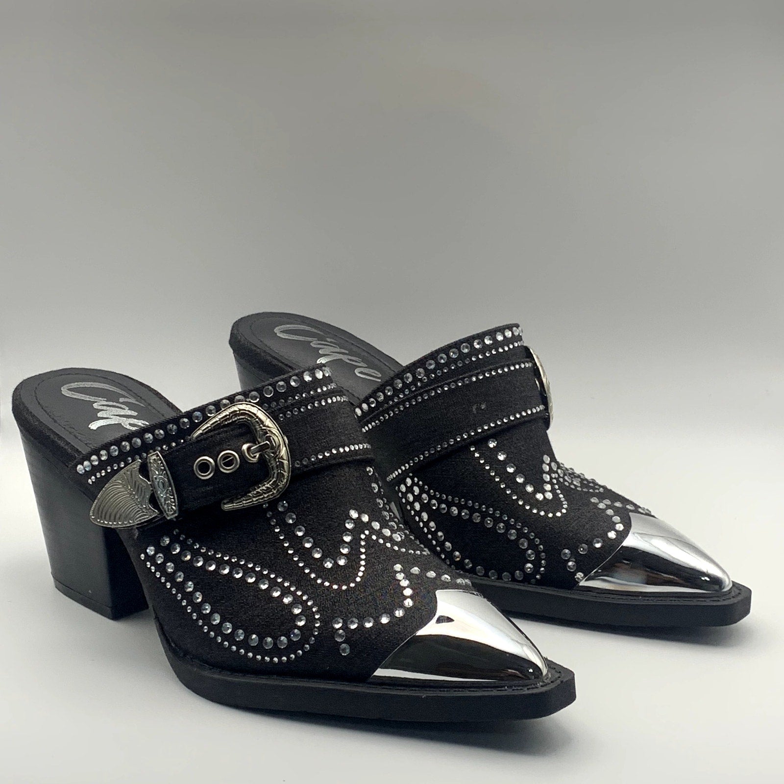CAPE ROBBIN Women's Black Viv Rhinestone Denim Buckle Pointed-Toe Heels SZ 8