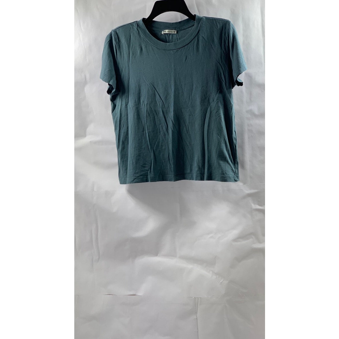 ZARA Women's Blue Solid Crewneck Short Sleeve Casual Cotton Top SZ M