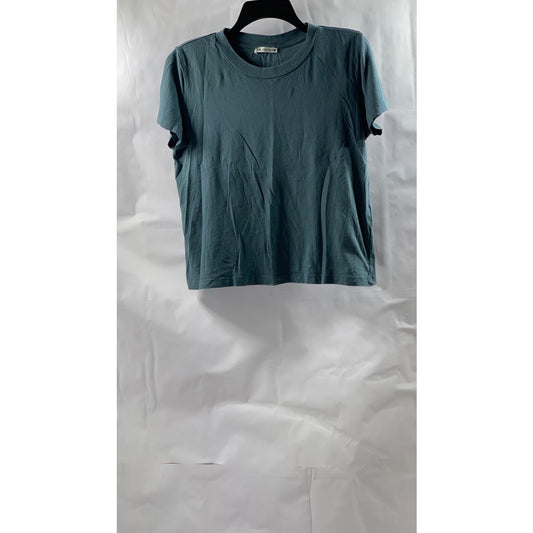 ZARA Women's Blue Solid Crewneck Short Sleeve Casual Cotton Top SZ M