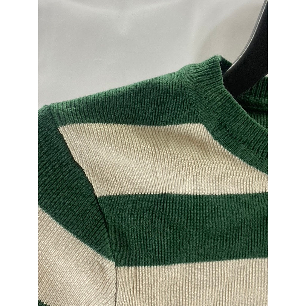 ZARA Women's Green-Cream Striped Crewneck Long Sleeve Cropped Top SZ S