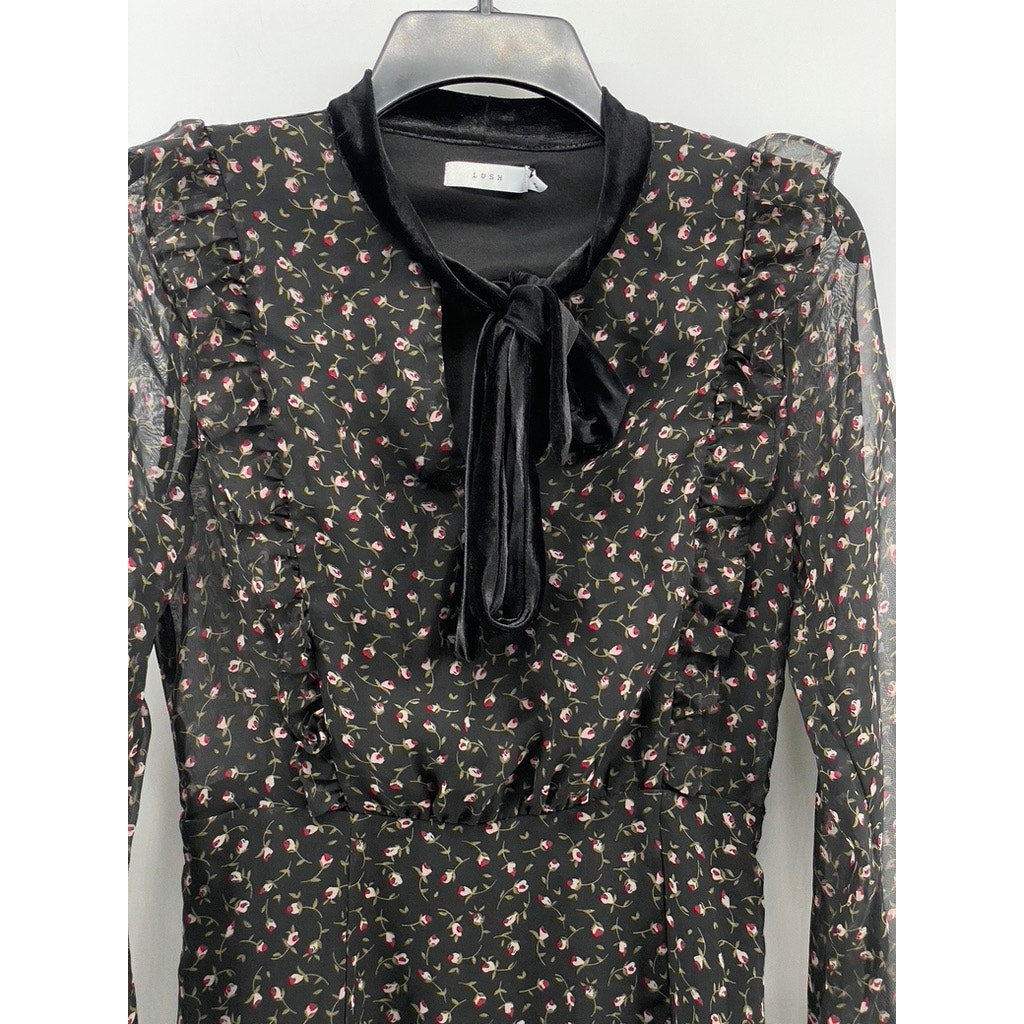LUSH Women's Black Floral Velvet Tie-Neck Long Sleeve Ruffle Mini Dress SZ S