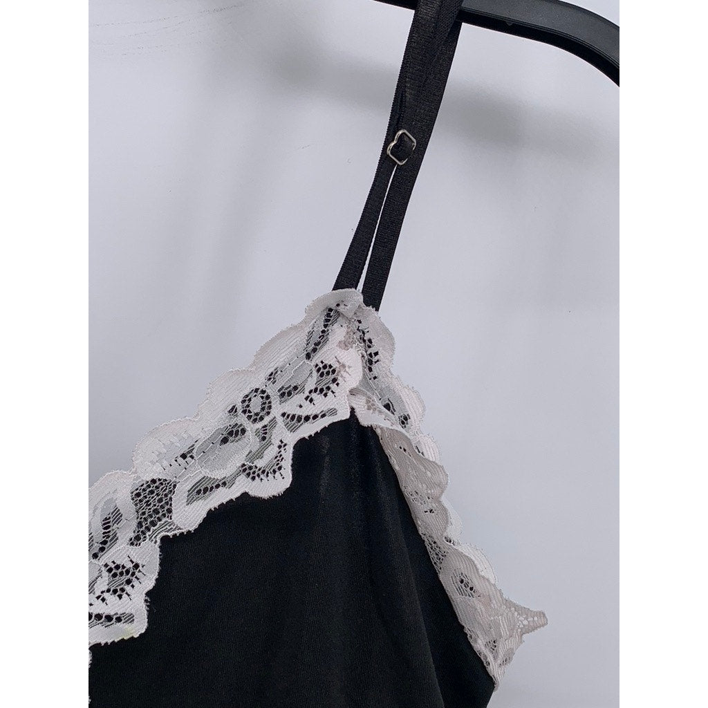 UNBRANDED Women's Black-White Lace-Trim V-Neck Spaghetti Strap Sleep Dress SZ M