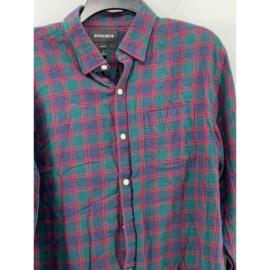 BONOBOS Men's Green-Blue-Red Button-Up Slim-Fit Flannel Long Sleeve Shirt SZ L