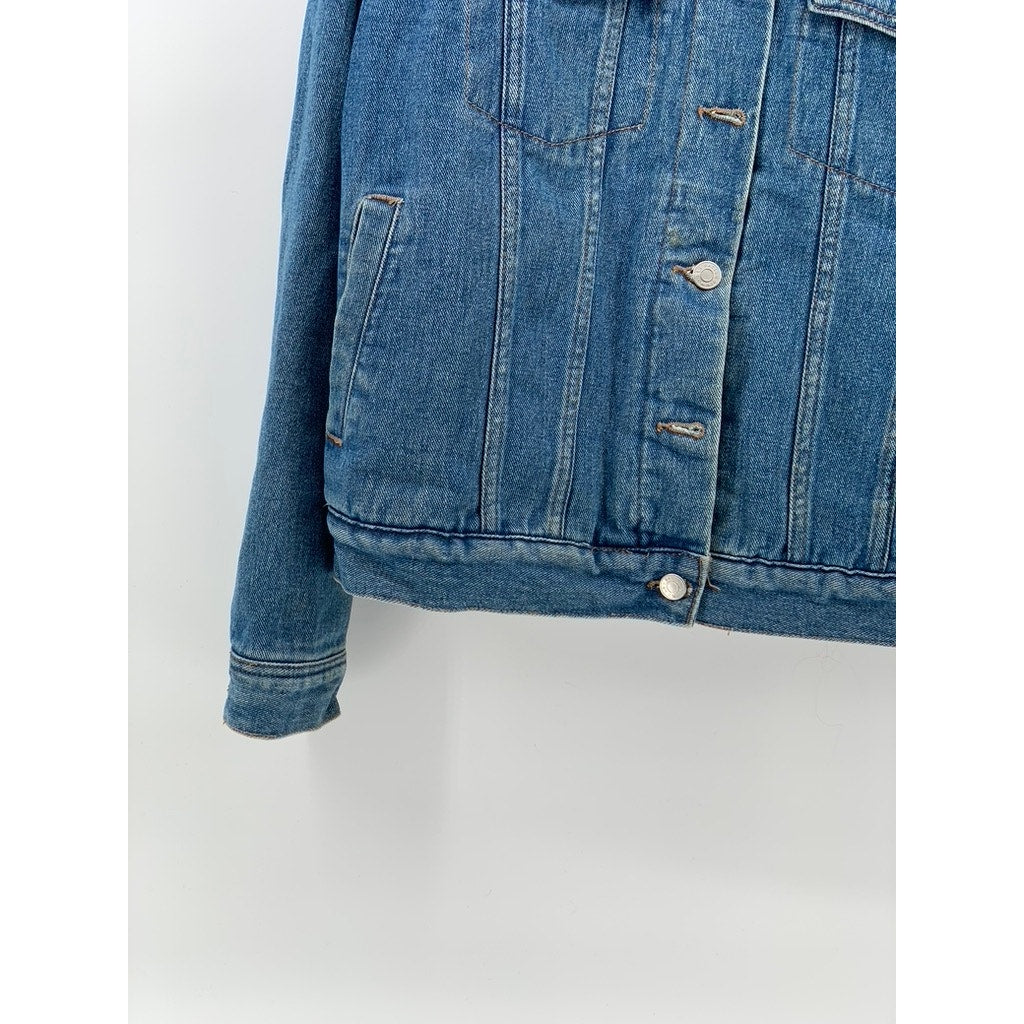 PACSUN Women's Dark Blue Denim Button-Up Sherpa Oversized Trucker Jacket SZ L