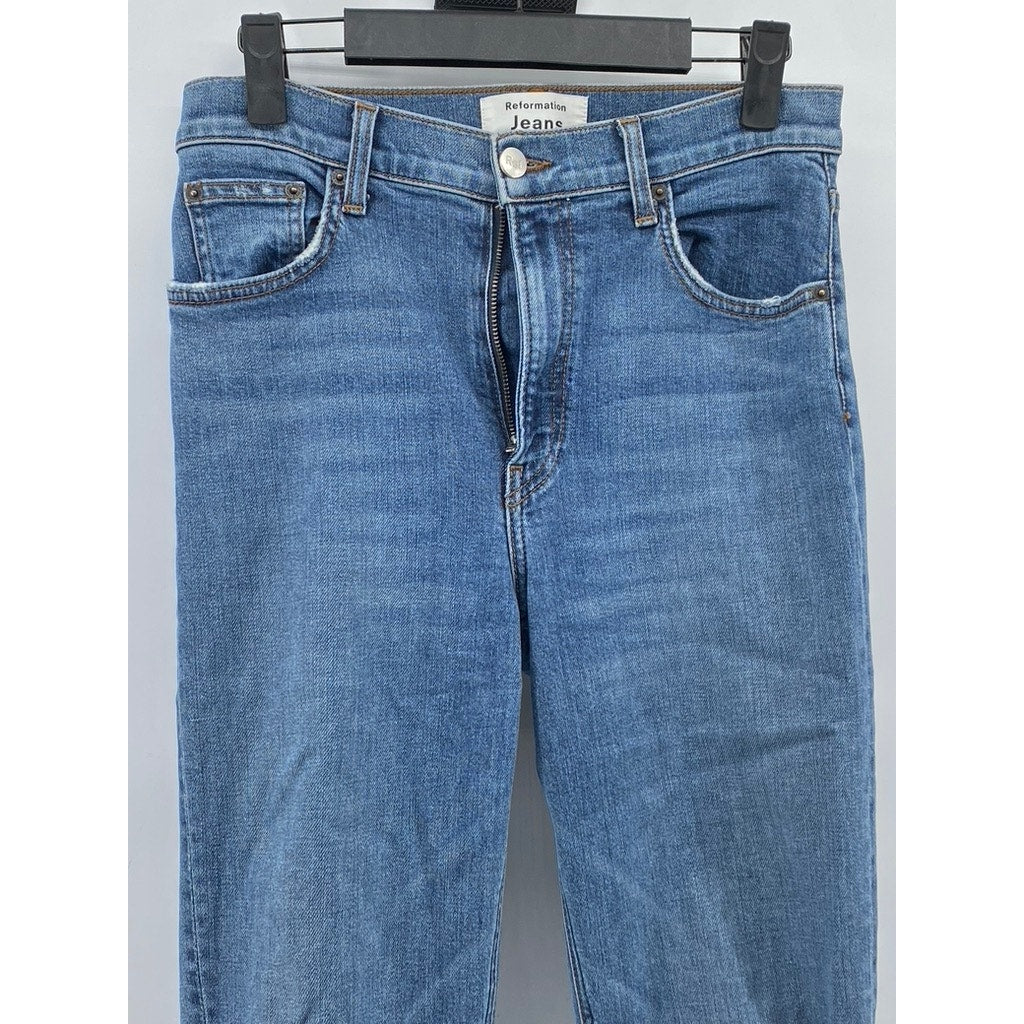 REFORMATION JEANS Women's Medium Wash Blue Riley Skinny Distressed Jeans SZ 27