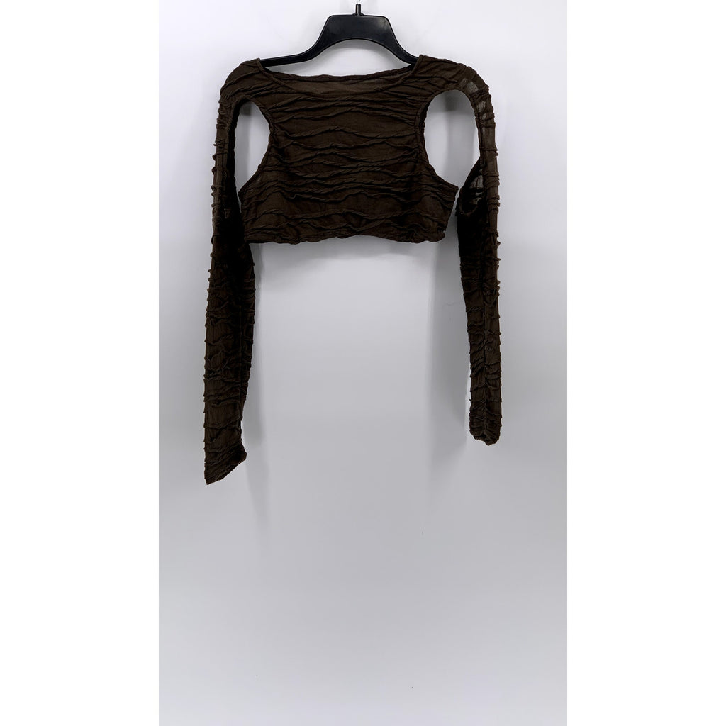 SHEIN Women's Brown Sheer Textured Long Sleeve Cutout Crewneck Crop Top SZ 8/10