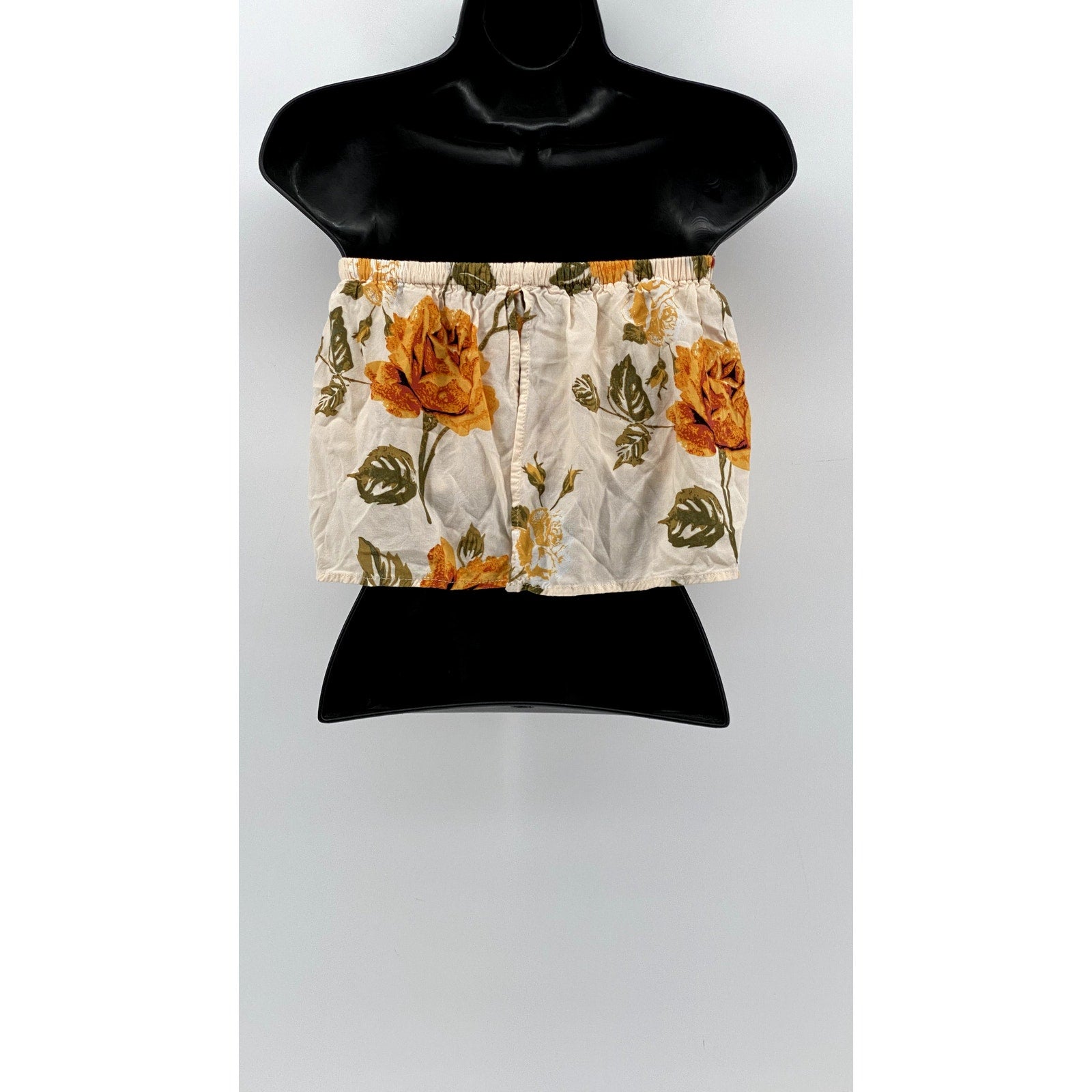 FREE2BU Women's Cream Floral Print Ruffle Strapless Crop Top SZ 6