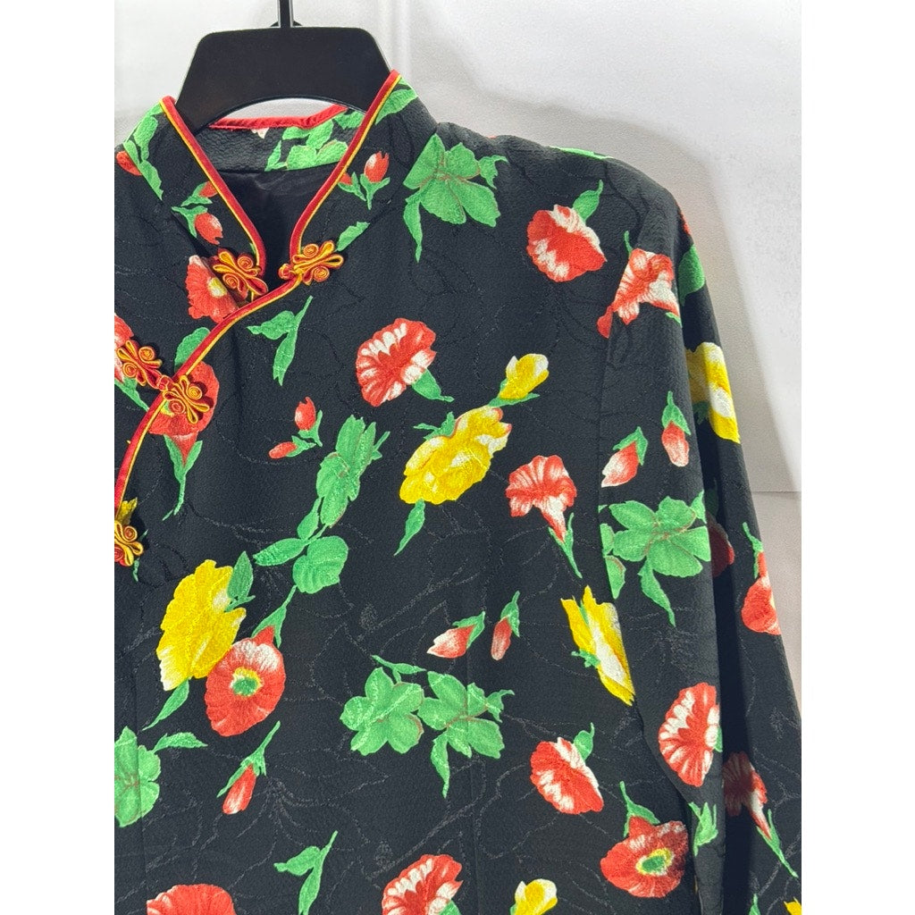 Women's Black Carnation Floral Print Wrap Cheongsam Frog-Closure Dress SZ M