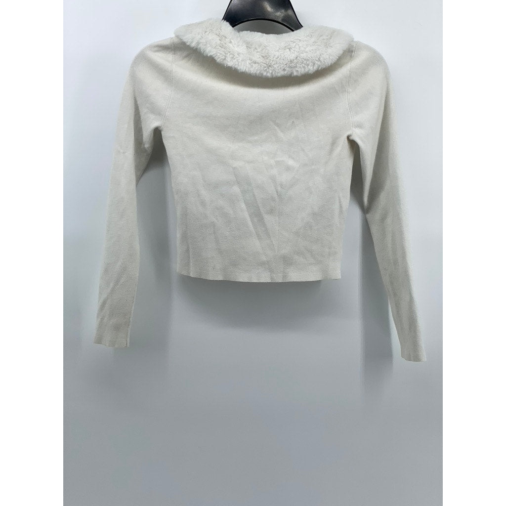 SUNDAY BEST Women's White Faux-Fur Button-Up Cropped Sweater Top SZ 2XS