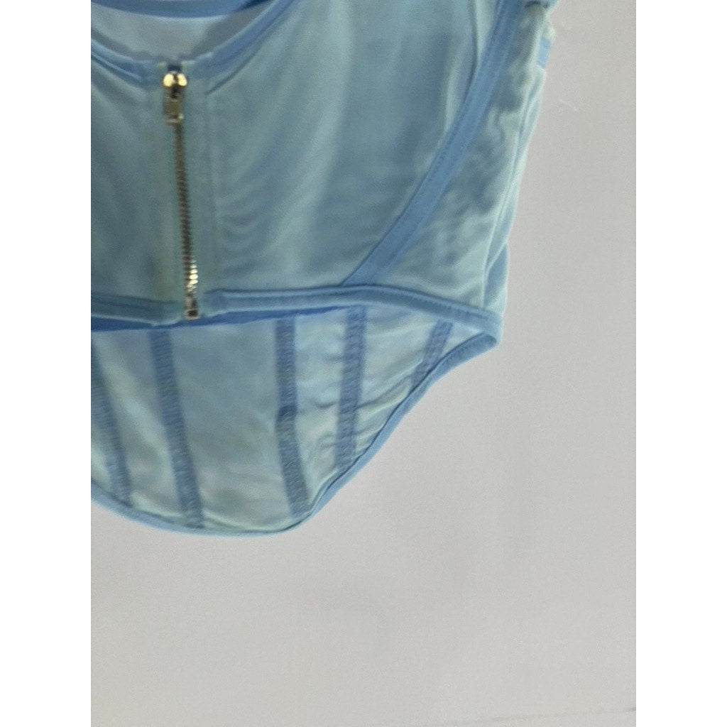 UNBRANDED Women's Light Blue Mesh Banded Corset Pointed-Hem Top SZ S