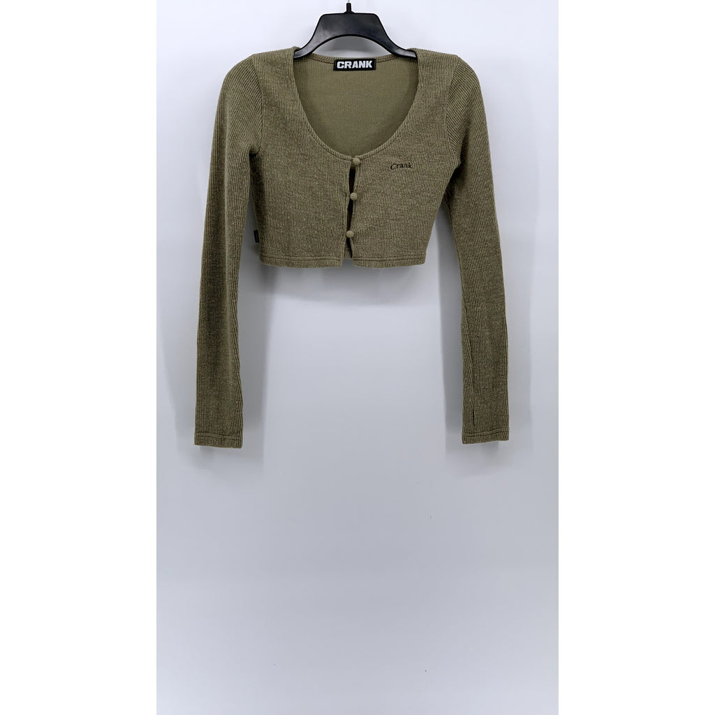 CRANK Women's Green Knit Scoop-Neck Button-Up Long Sleeve Cropped Top SZ XS