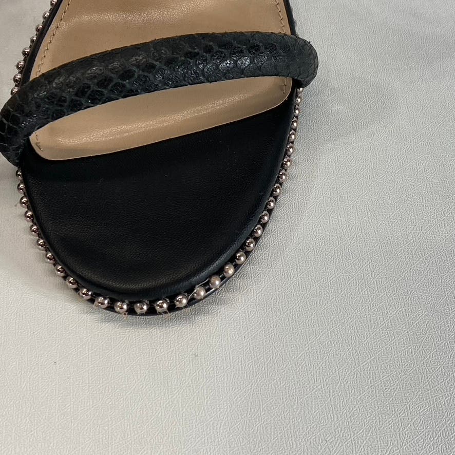 BCBGENERATION Women's Black Jenni Snake Embossed Stone Trim Stiletto Sandal SZ10