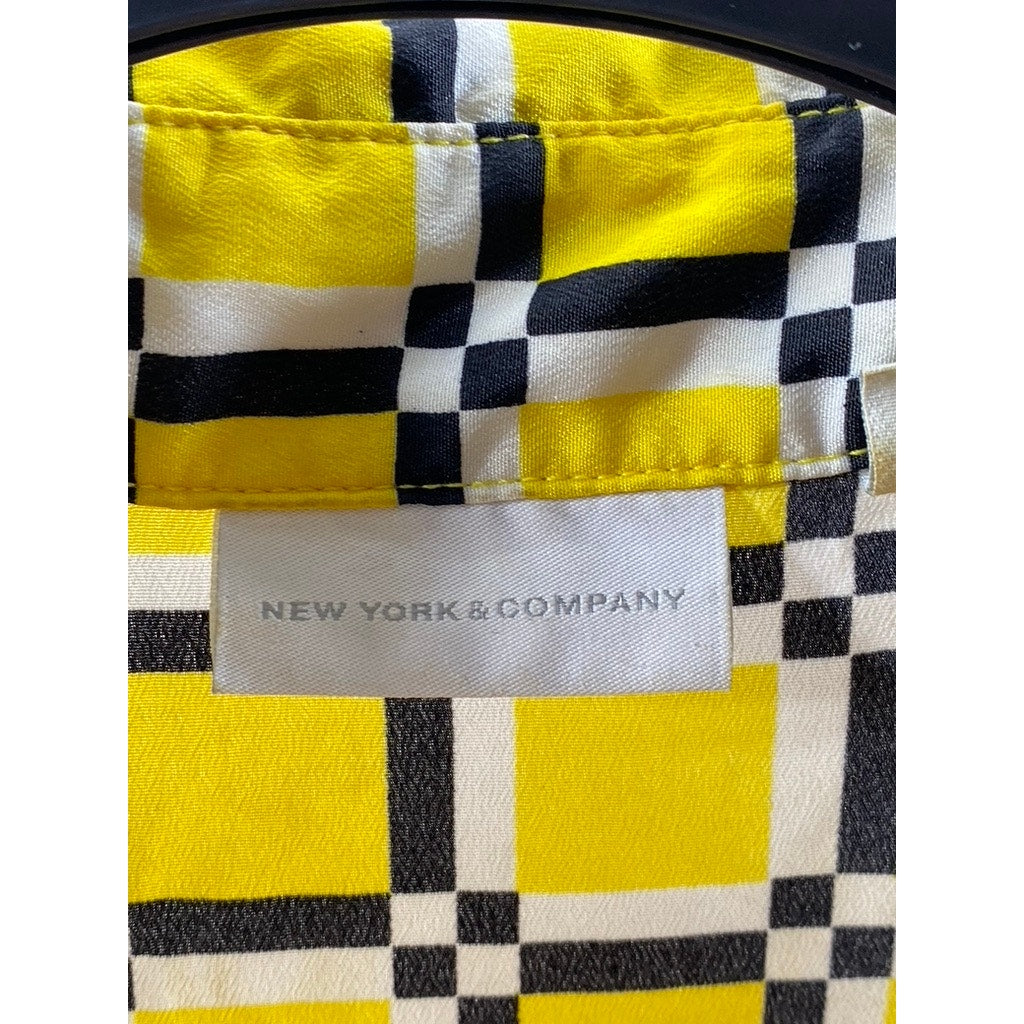 NEW YORK & COMPANY Women's Yellow/Black Honeycomb Button-Up Shirt Dress SZ M