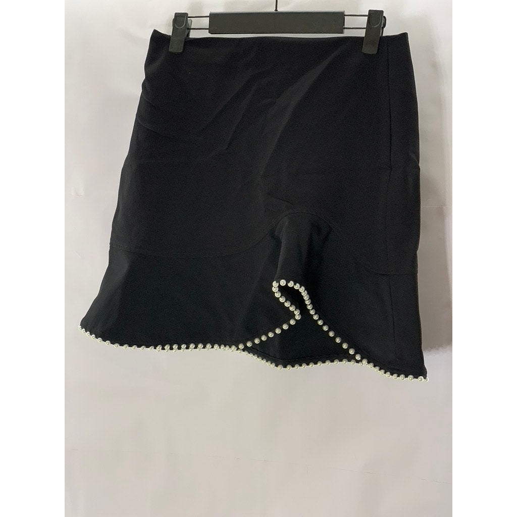 OCHIRLY Women's Black/Cream Embellished Pearl Trim Ruffle-Hem Mini Skirt SZ M