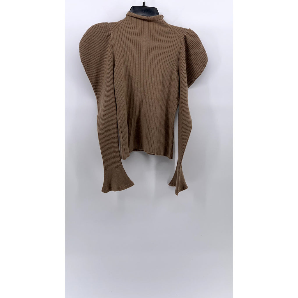 HER LIP TO Women's Brown Ribbed Mock-Neck Long Puff Bell Sleeve Sweater Top SZ S