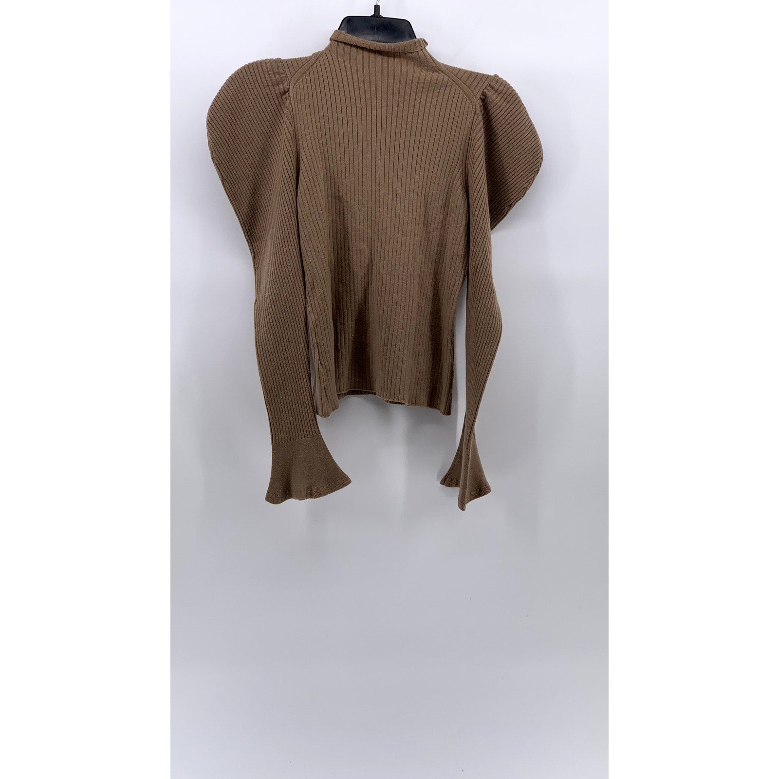 HER LIP TO Women's Brown Ribbed Mock-Neck Long Puff Bell Sleeve Sweater Top SZ S