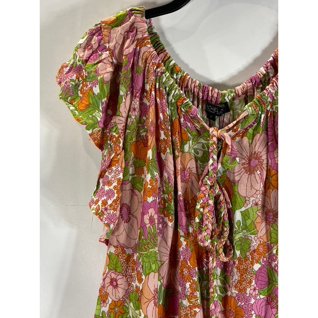 RACHEL ZOE Women's Green/Pink Floral Print Ruffle Belted Mini Dress SZ S