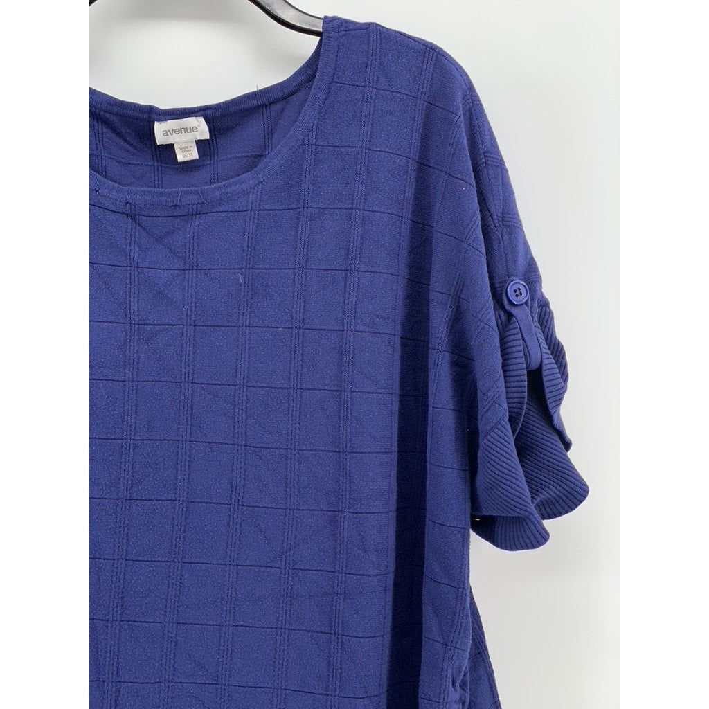 AVENUE Women's Plus Navy Side Ruched Windowpane Short Sleeve Top SZ 26/28
