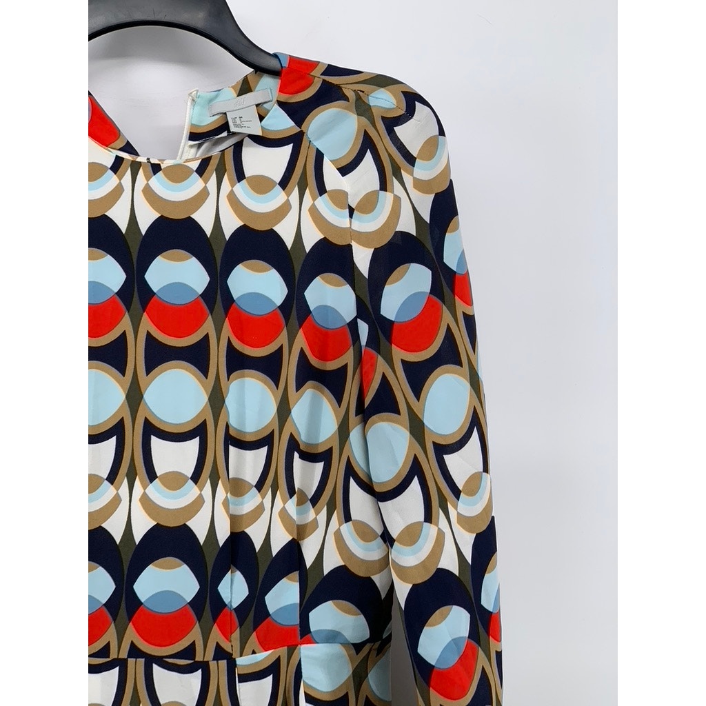 H&M Women's Multicolor Geometric Long Sleeve Fit & Flare Knee-Length Dress SZ 6