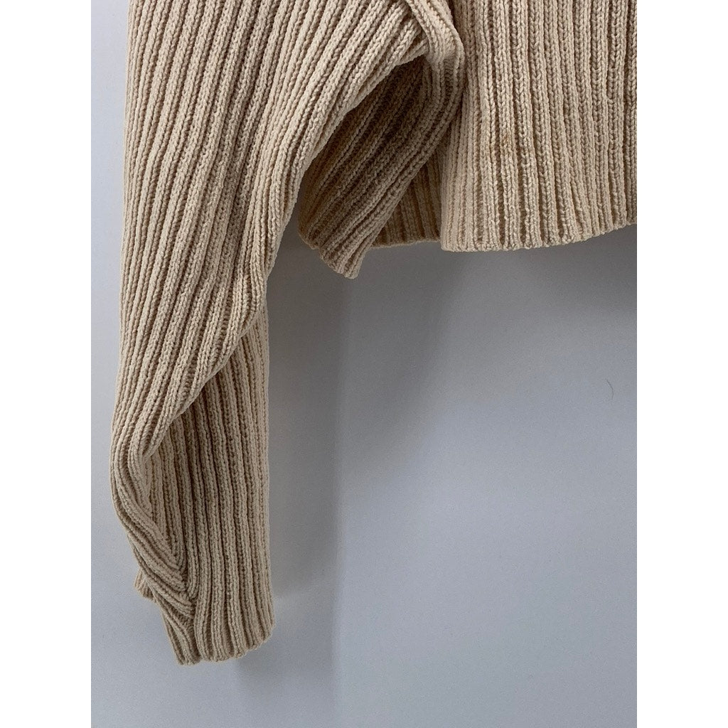 PULL&BEAR PACIFIC REPUBLIC Women's Tan Rib V-Neck Long Sleeve Cropped Top SZ XS