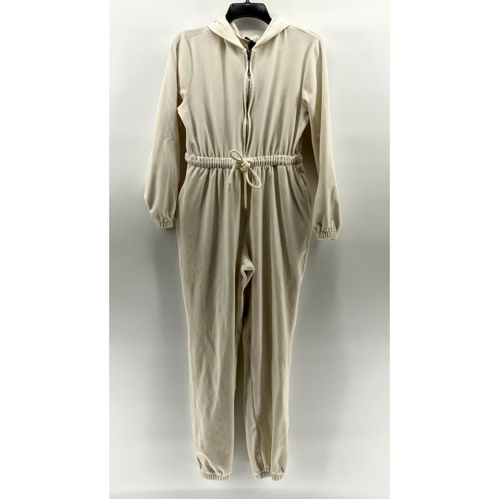FOREVER 21 Women's Cream Fleece Half-Zip Drawstring Waist Hooded Jumpsuit SZ S