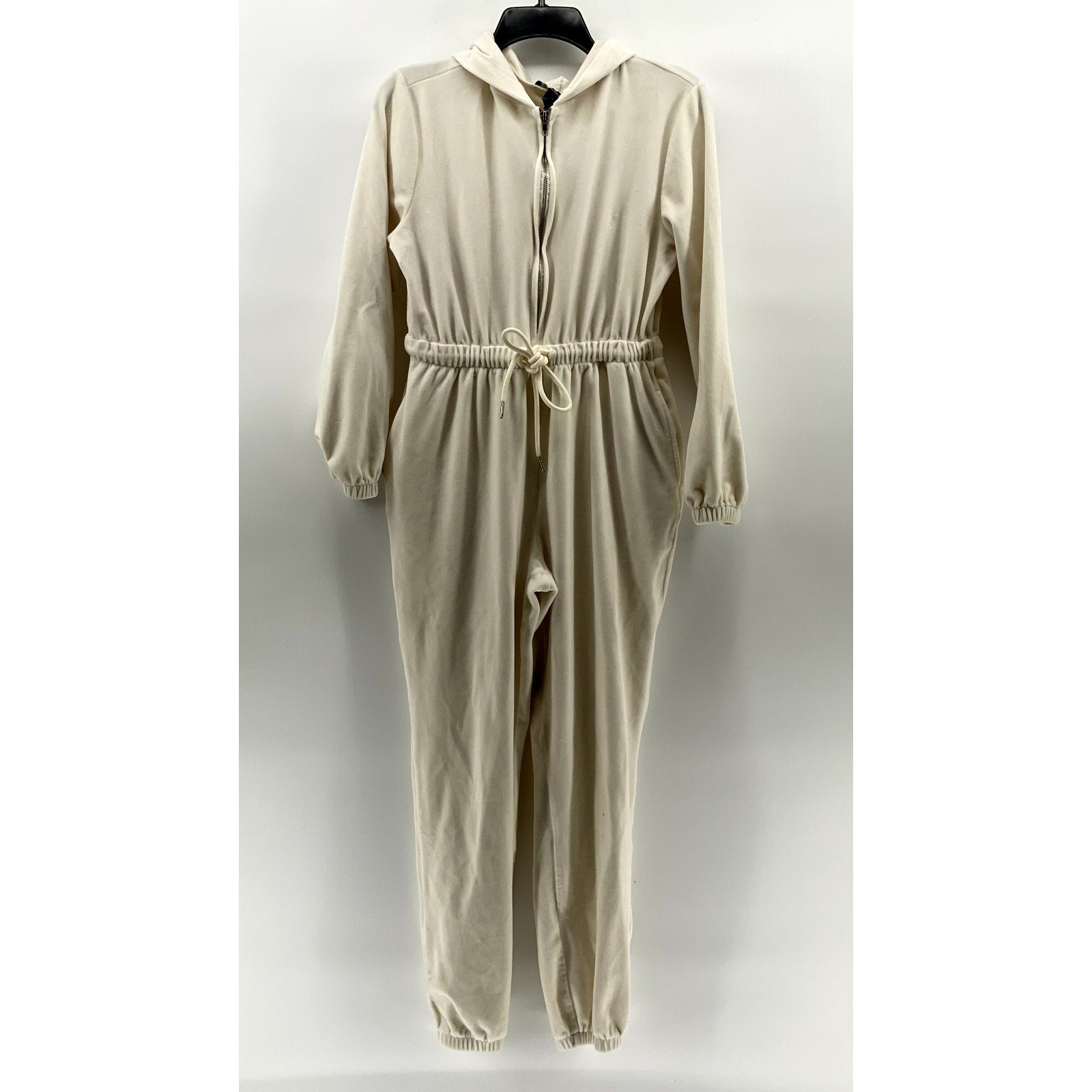 FOREVER 21 Women's Cream Fleece Half-Zip Drawstring Waist Hooded Jumpsuit SZ S