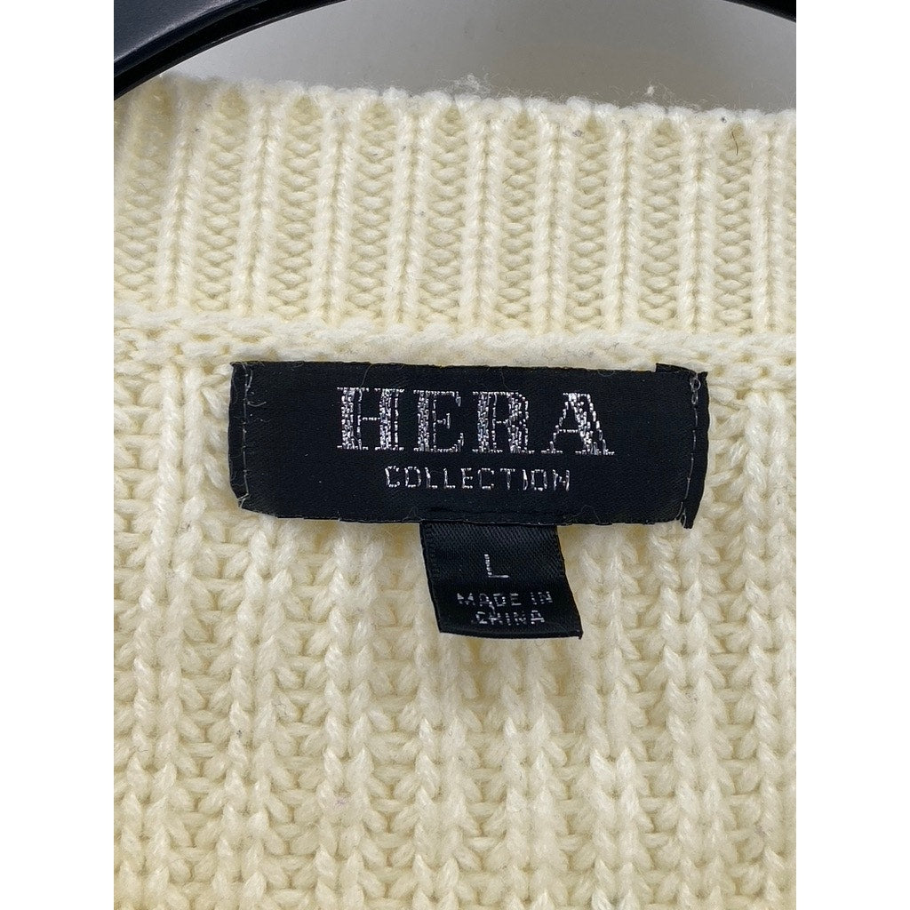 HERA COLLECTION Women's Cream Knit Crewneck Dropped Shoulder Cropped Sweater SZL