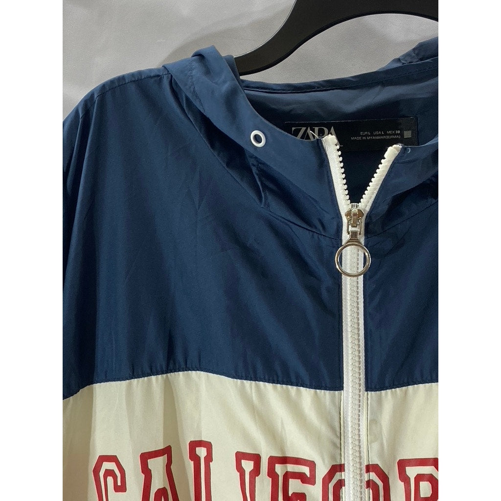 ZARA Men's White/Navy California Logo Hooded Zip-Up Windbreaker Jacket SZ L