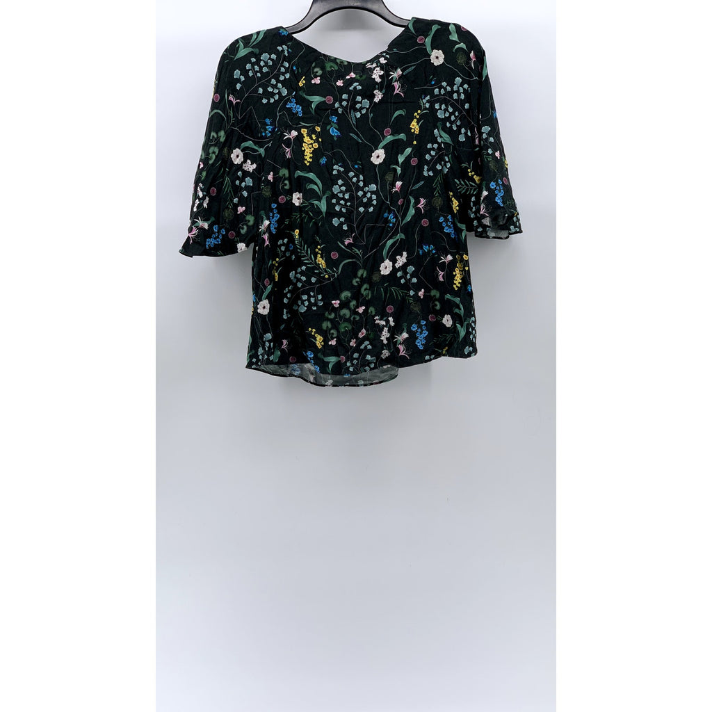 ANNA GLOVER X H&M Women's Black Floral Print Crewneck Short Sleeve Top SZ 4