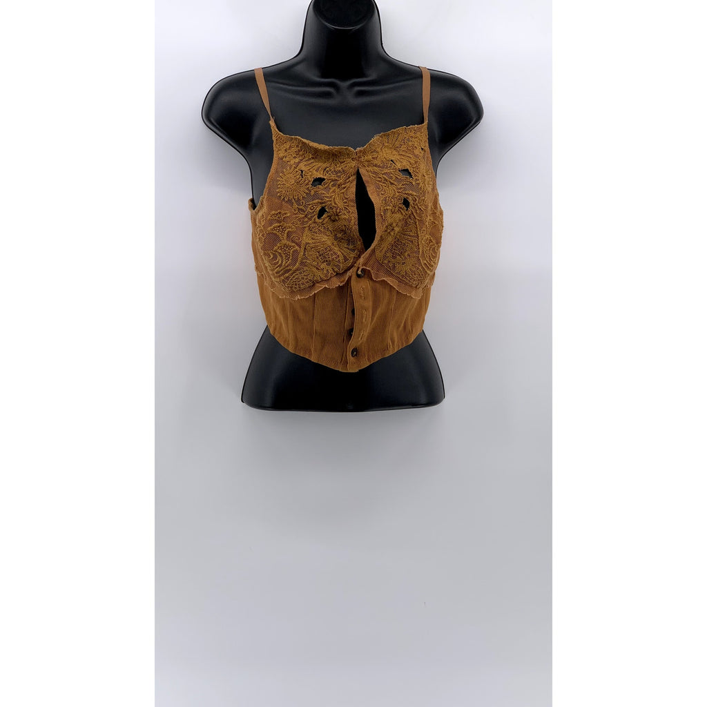 FREE PEOPLE Women's Camel Brown Embroidered Button-Up Crop-Top SZ S