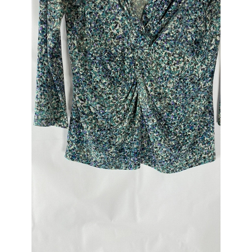 LIZ CLAIBORNE Women's Blue Floral V-Neck Twist-Front 3/4 Sleeve Top SZ S