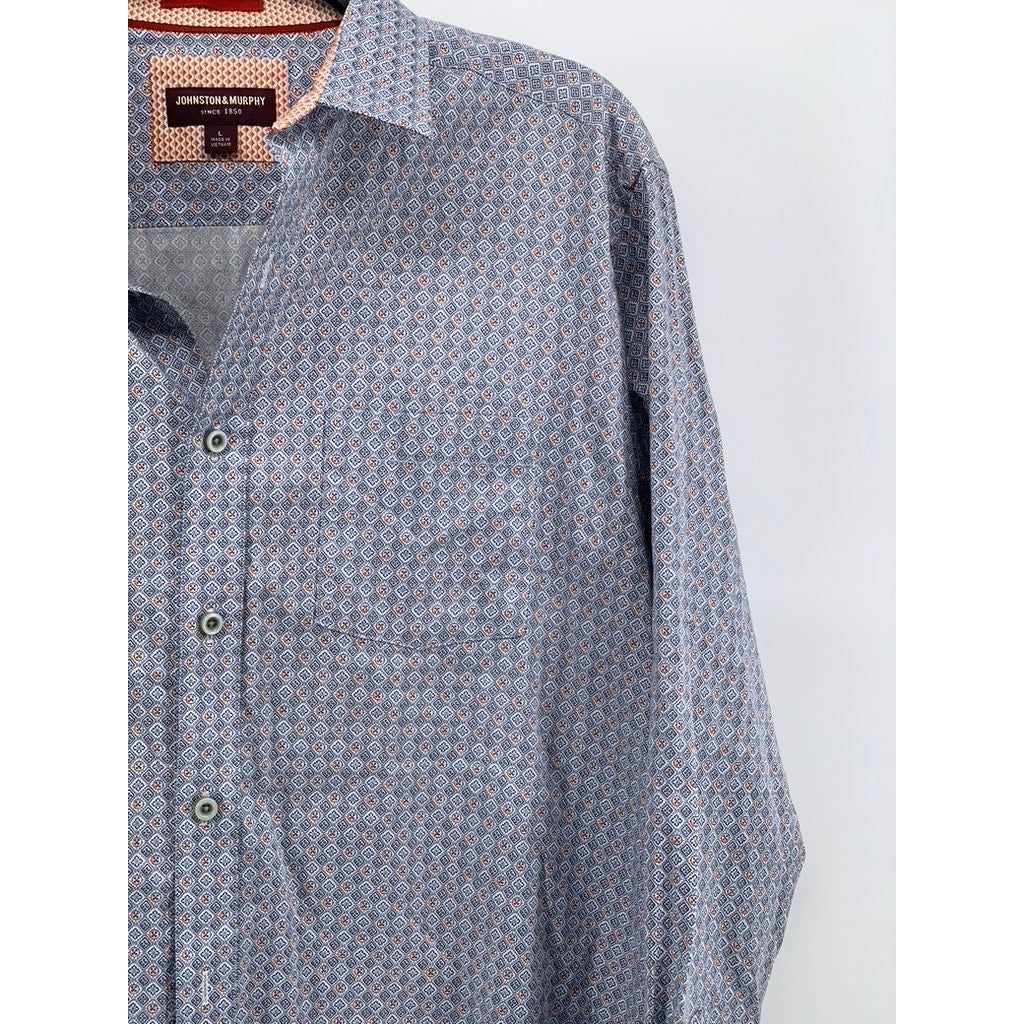 JOHNSTON & MURPHY Men's Blue Printed Button-Up Regular-Fit Long Sleeve Shirt SZL