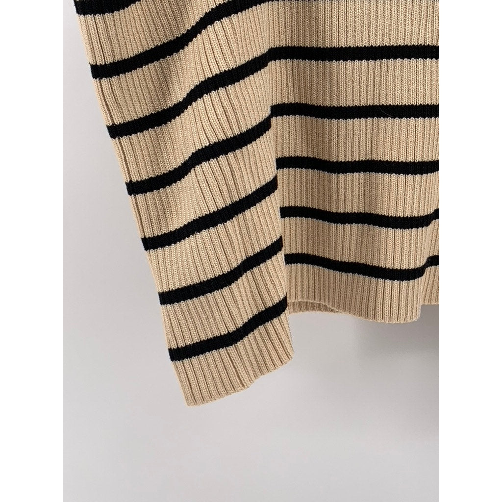 COMMENSE Women's Beige-Black Striped Spaghetti Strap V-Neck Cropped Top SZ L