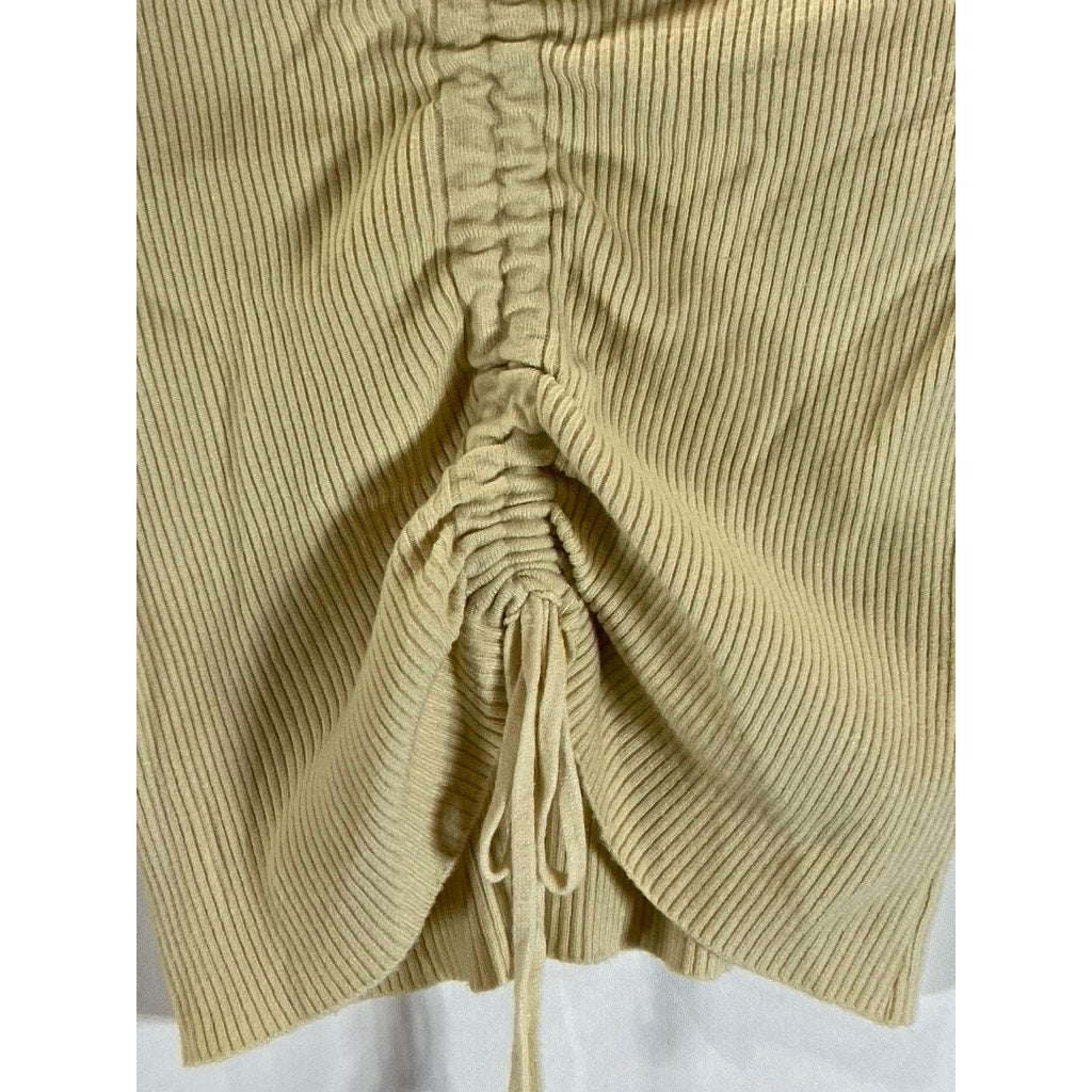 UNBRANDED Women's Beige Ribbed V-Neck Cinched Long Sleeve Top SZ S