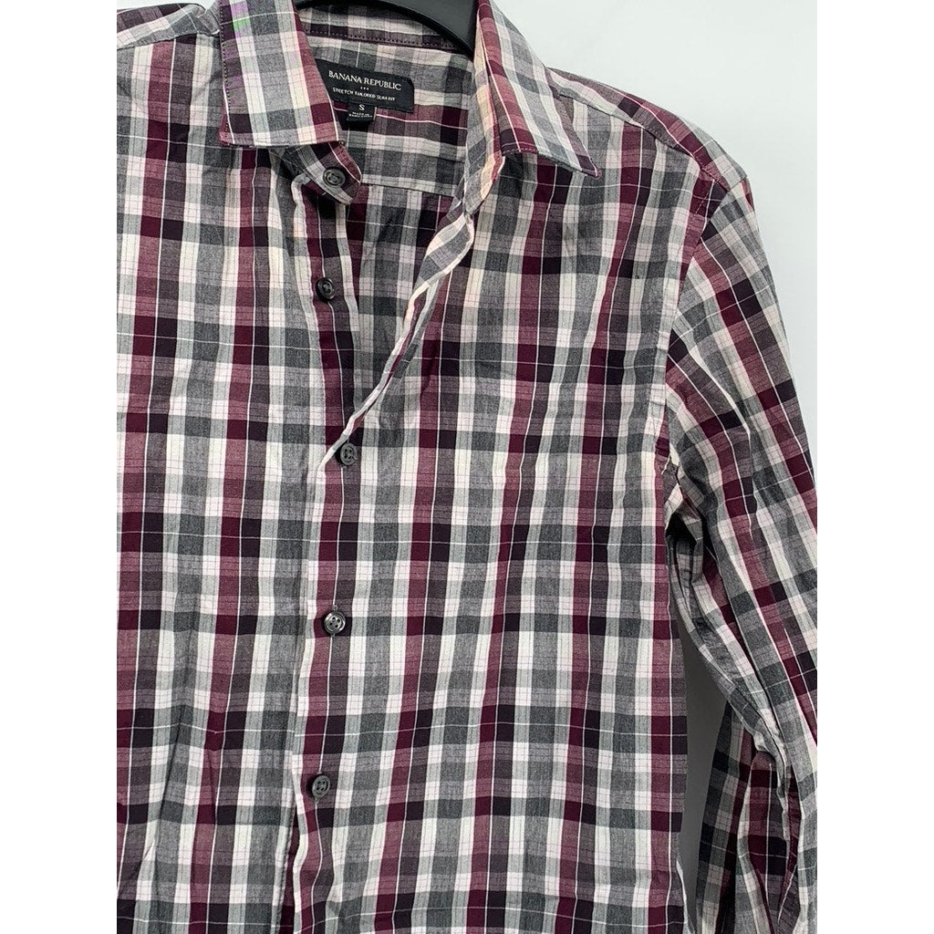 BANANA REPUBLIC Women's Gray-Burgundy Plaid Stretch Tailored Slim Fit Shirt SZ S