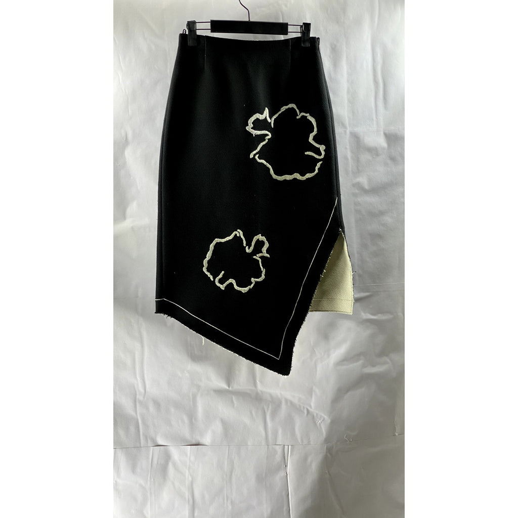 TIBI Women's Black-Beige Embroidered Leaf Asymmetrical Hem Midi Skirt SZ 00