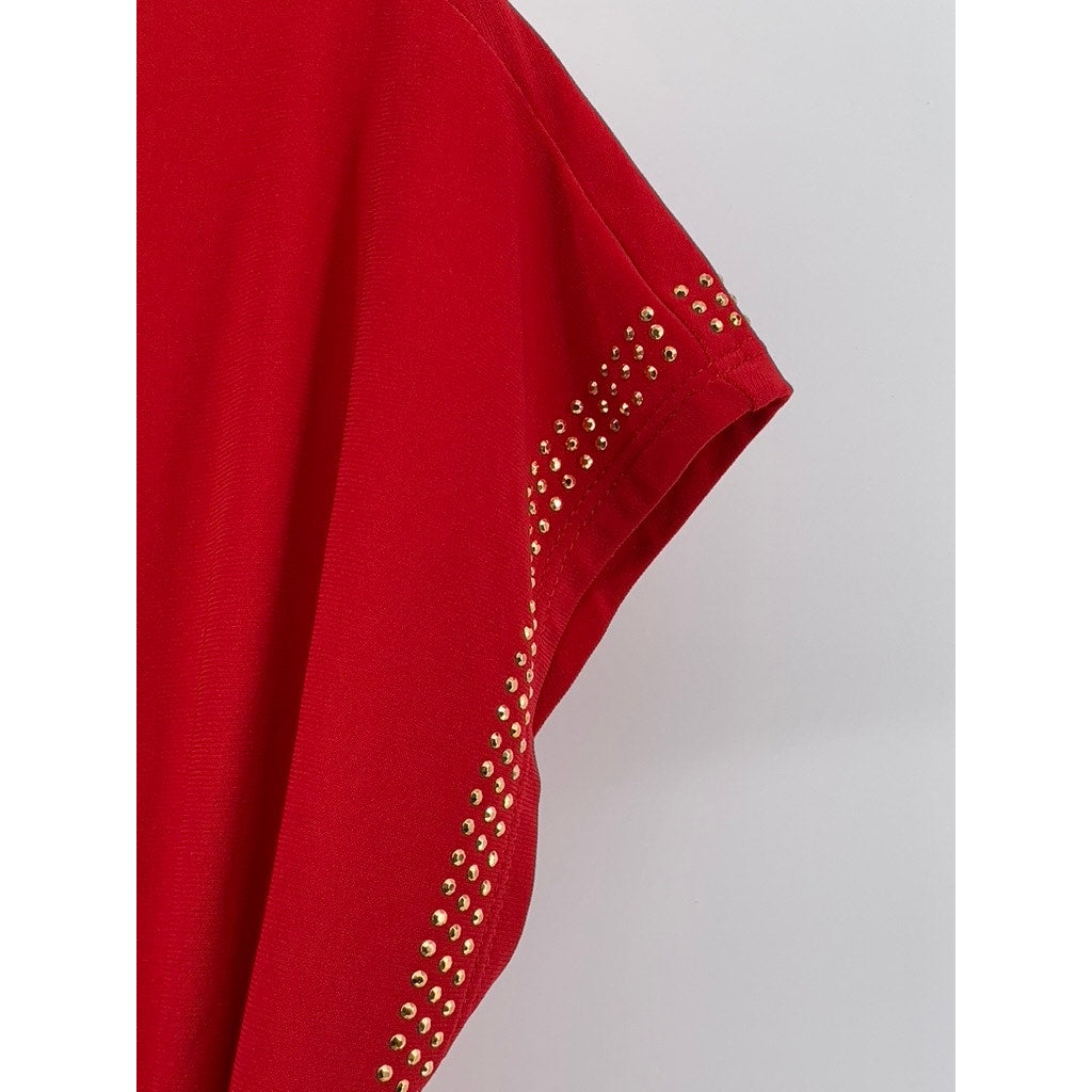 DIANA BELLE Women's Red-Gold Studded Short Sleeve V-Neck Cutout Top SZ S