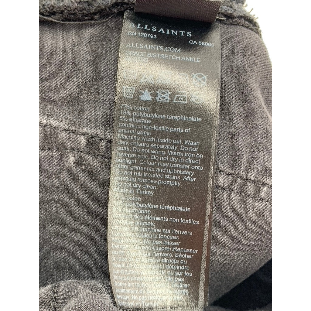 ALLSAINTS Women's Black Bistretch Frayed Grace Skinny Ankle Jeans SZ 27