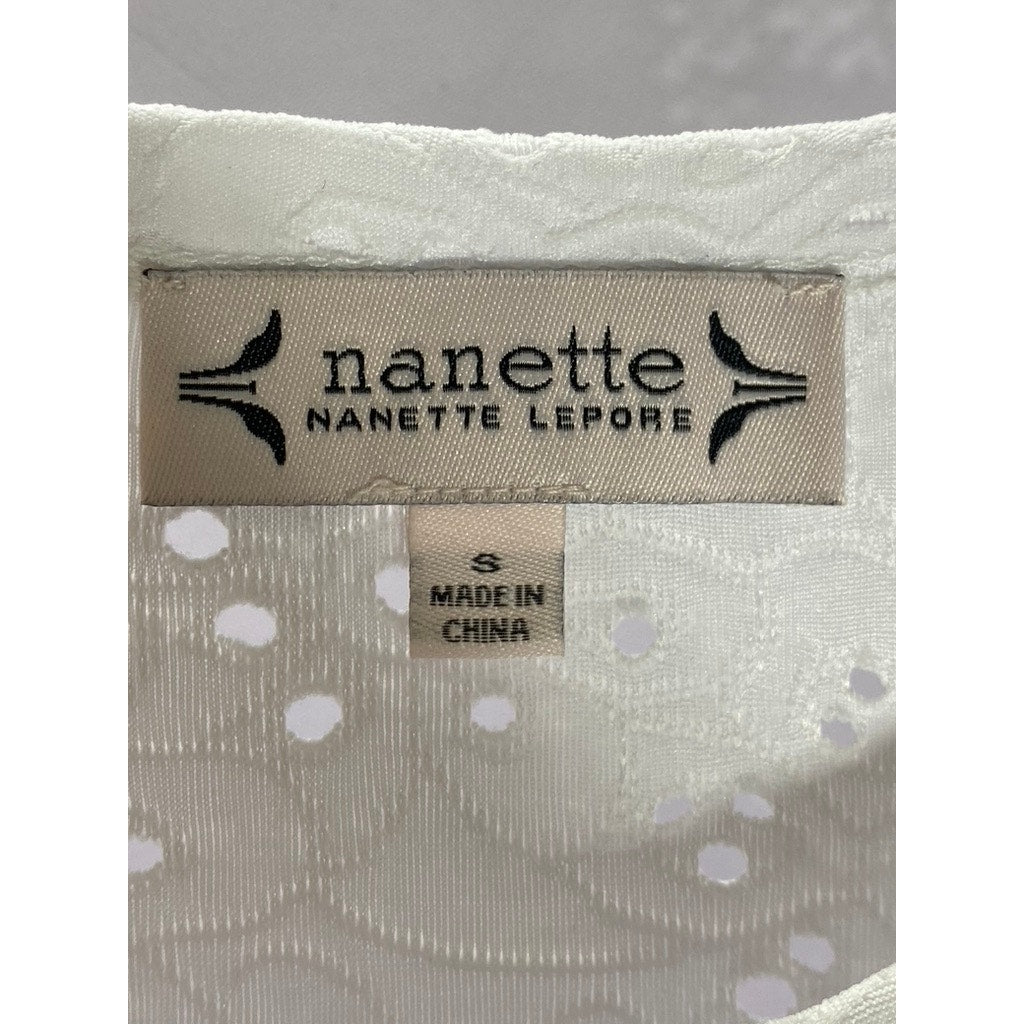 NANETTE LEPORE Women’s White Eyelet Short Sleeve Crewneck Peplum Top SZ S