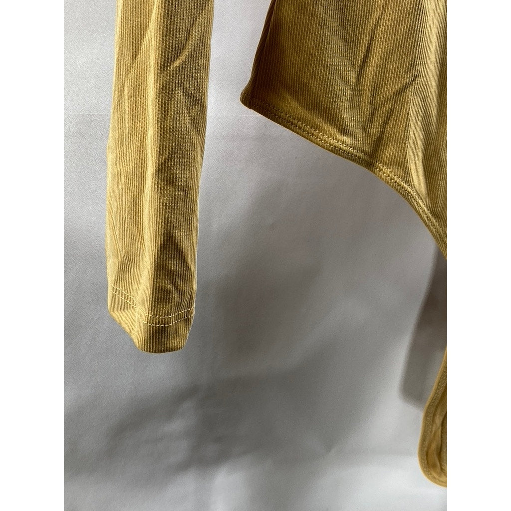 ELODIE Women's Tan Ribbed Crewneck Long Sleeve Thong Bodysuit SZ L