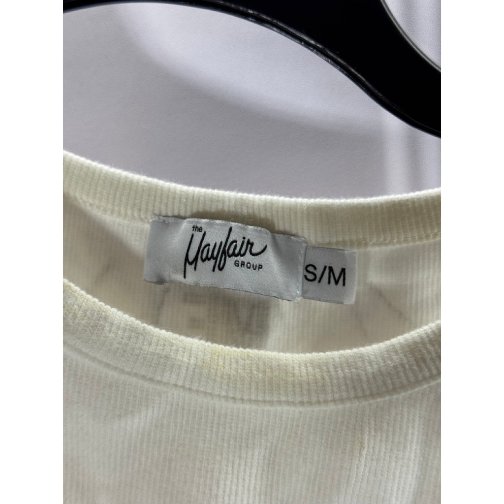 THE MAYFAIR GROUP Women's White/Pink Ribbed Boundaries Are Hot Crop Top SZ S/M