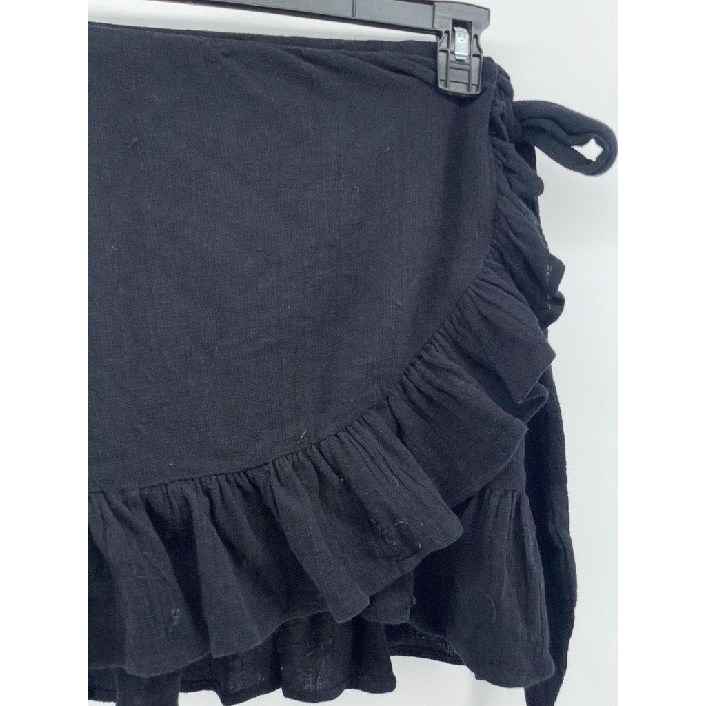 ZARA Women's Black Knit Ruffle-Trim Wrap Mini Skirt SZ XS
