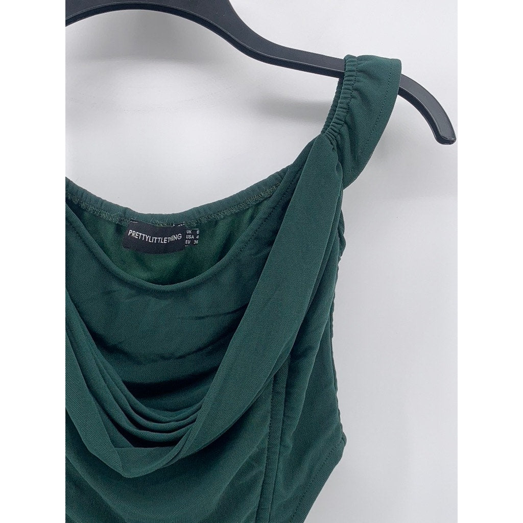 PRETTYLITTLETHING Women's Dark Green Drapey Scoop-Neck Ruffle Corset Top SZ 4