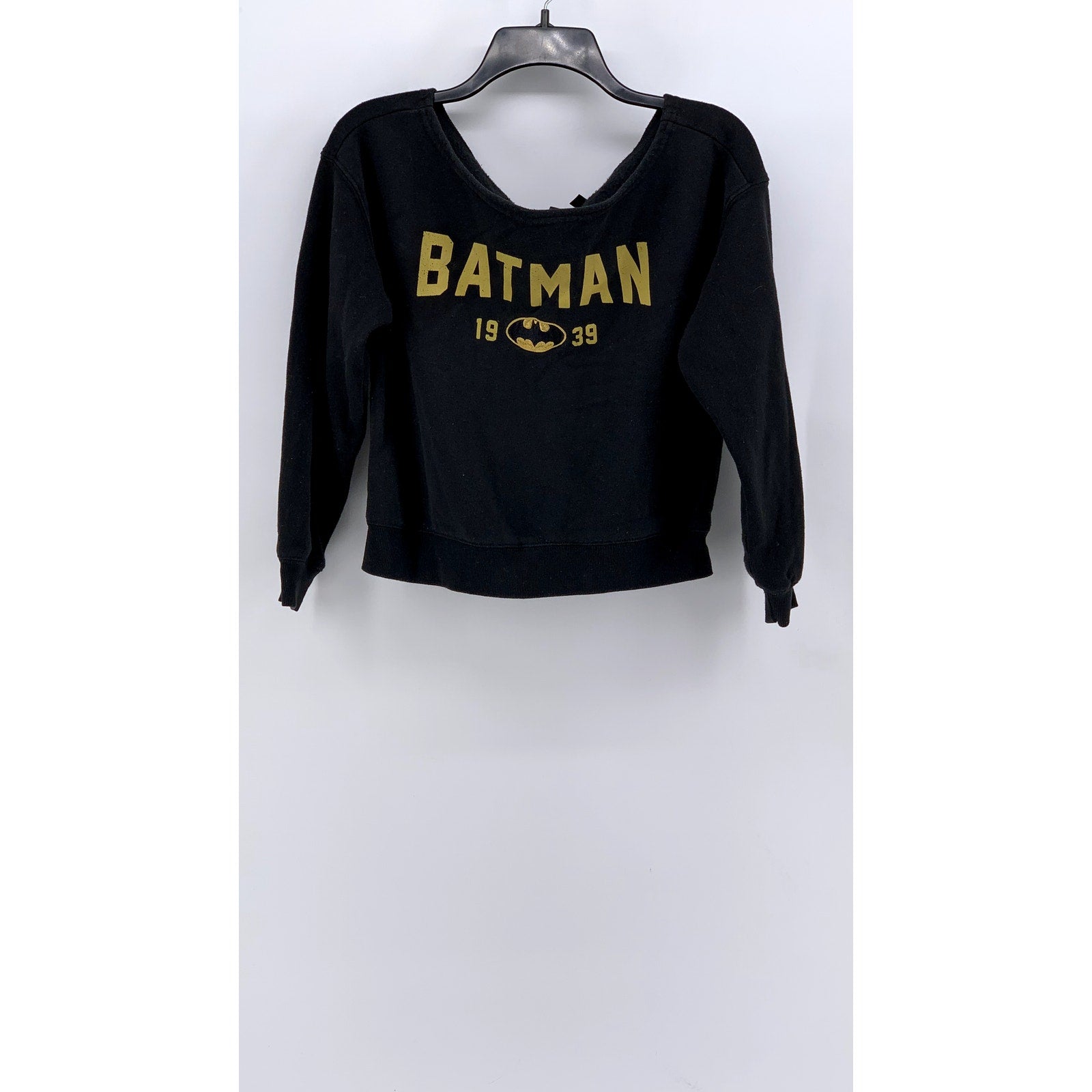 BATMAN Women's Washed Black Logo Crewneck Cropped Sweatshirt SZ XS