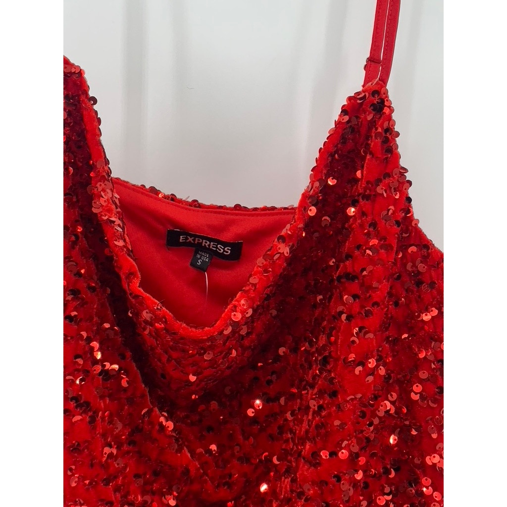 EXPRESS Women's Red Sequin Embellished V-Neck Spaghetti Strap Glam Top SZ S