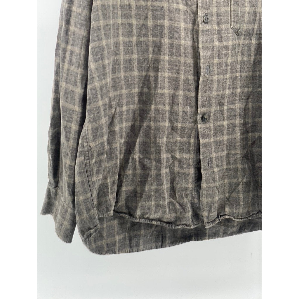 GEOFFREY BEENE Men's Brown Plaid Regular-Fit Button-Down Long Sleeve Shirt SZ L