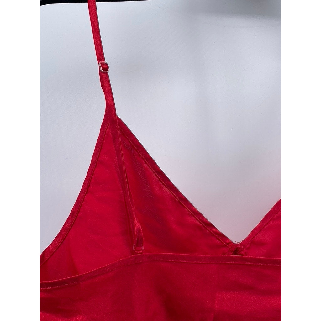 UNBRANDED Women's Red Satin V-Neck Spaghetti Strap Cropped Tank Top SZ M